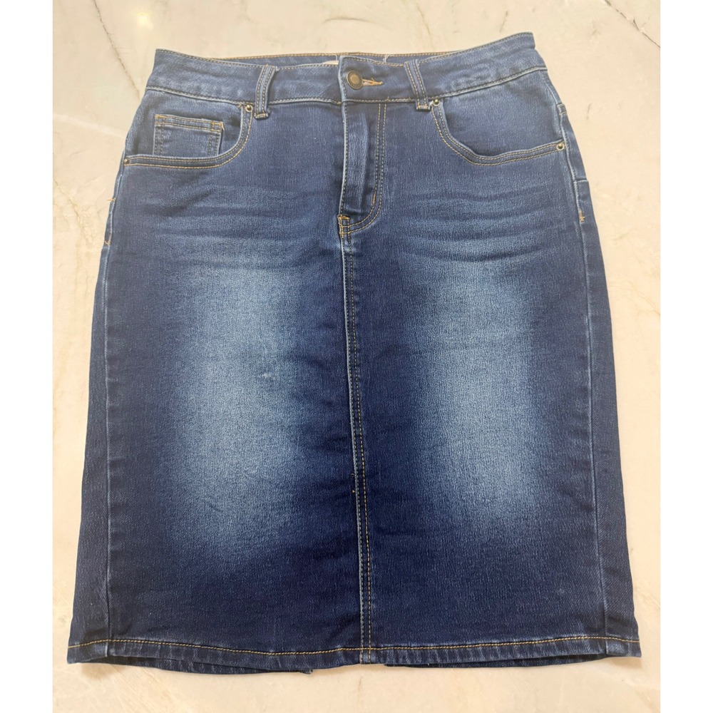 Angel Kiss Los Angeles Dark Wash‎ Denim Pencil Skirt Size M Whiskered Stretch